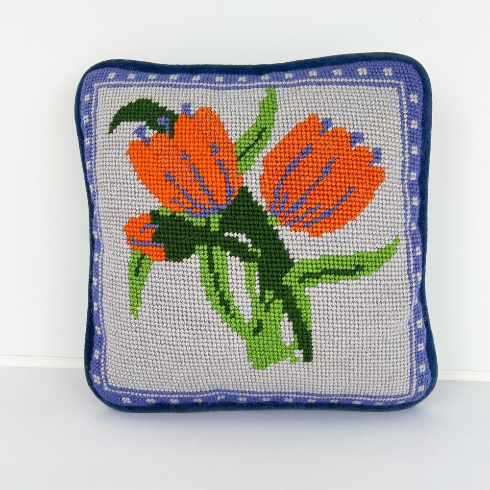 Vintage Needlepoint Floral Pillow Orange Tulip Blue Velvet Back Cottage Decor